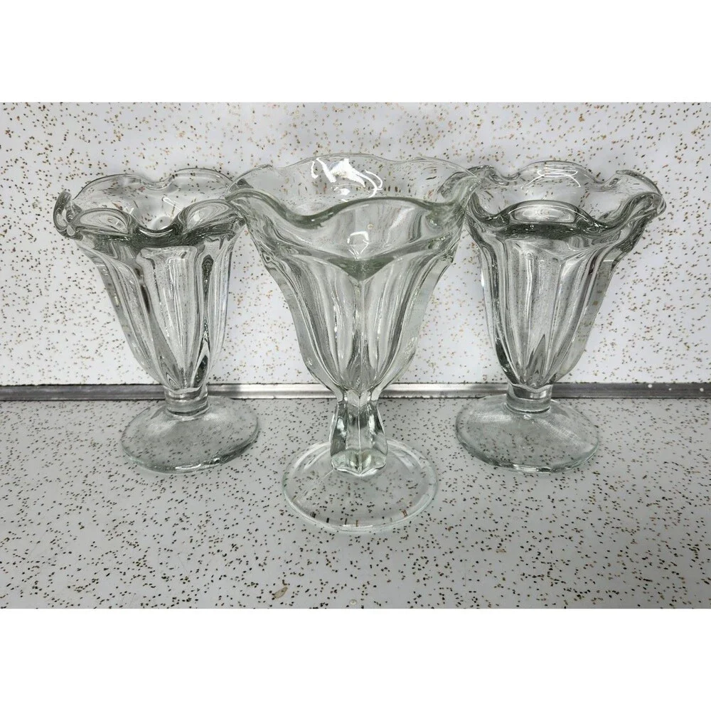 3x Anchor Hocking 1960s Tulip Ice Cream Sundae Dessert Glasses Stem Foot 6